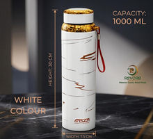KitchenWala 1000ML Smart Insulated Water Bottle White Marble Gold Edition