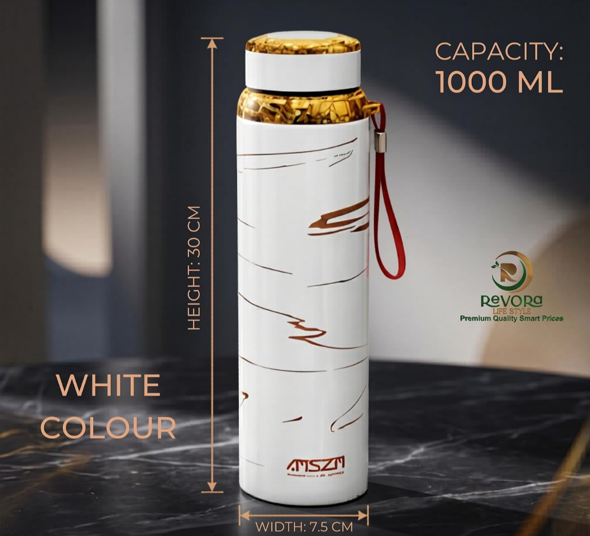 KitchenWala 1000ML Smart Insulated Water Bottle White Marble Gold Edition
